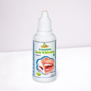White plastic bottle of Skin Lightening & Brightening Tooth Whitening liquid with a pointed nozzle cap and illustrated smiling teeth on the label.
