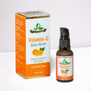 Vitamin-C Glow Serum bottle with matching orange box, featuring images of oranges and product details for skin brightening and glow