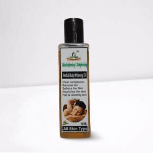 Herbal body whitening oil bottle for clear complexion, tan removal, soft and glowing skin – suitable for all skin types