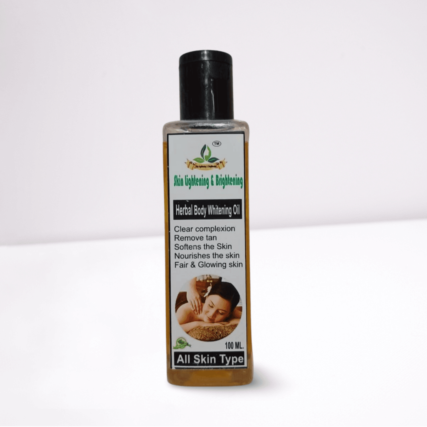 Herbal body whitening oil bottle for clear complexion, tan removal, soft and glowing skin – suitable for all skin types