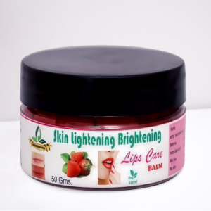 Skin Lightening Brightening Lips Care Balm in a round 50g container with strawberry and lip images on the label.