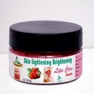 Skin Lightening Brightening Lips Care Balm in a round 50g container with strawberry and lip images on the label.