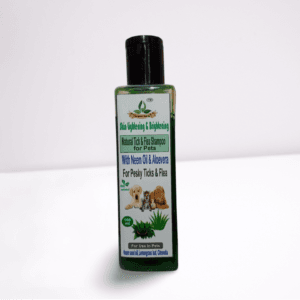 Natural Tick and Flea Shampoo for Pets bottle with neem oil and aloe vera, designed for dogs and cats to reduce ticks and fleas.