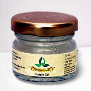 Skin Lightening & Brightening Pimple Gel in a small transparent jar with a golden lid and labeled packaging.