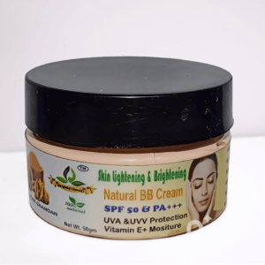 Skin Lightening & Brightening Natural BB Cream jar with black lid, SPF 50 & PA+++, UVA/UVB protection, Vitamin E moisture, 50gm