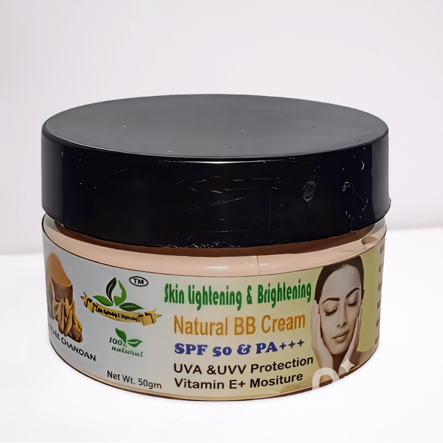 Skin Lightening & Brightening Natural BB Cream jar with black lid, SPF 50 & PA+++, UVA/UVB protection, Vitamin E moisture, 50gm