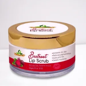 Skin Lightening and Brightening Beetroot lip scrub jar with golden lid; exfoliating lip scrub that reduces pigmentation, adds natural pink tint, and deeply nourishes dry lips.