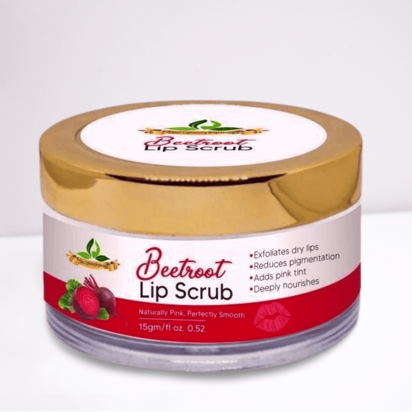 Beetroot lip scrub jar with golden lid; exfoliating lip scrub that reduces pigmentation, adds natural pink tint, and deeply nourishes dry lips.