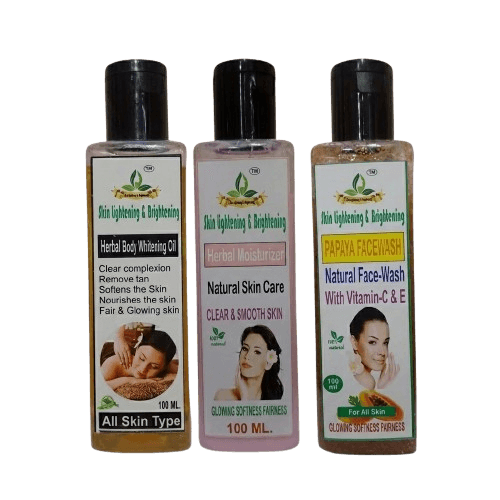 banner image with herbal body whitening oil, herbal moisturizer and papaya facewash